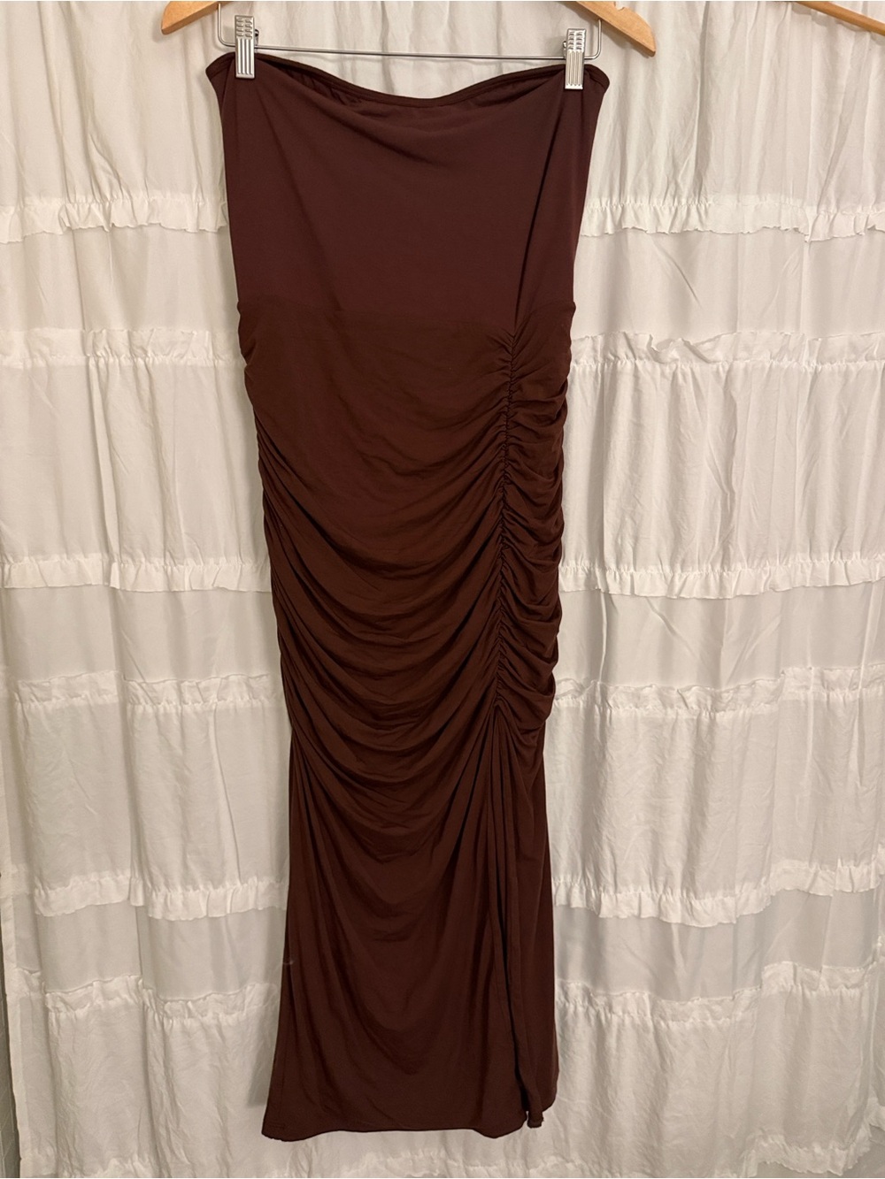 Klassy Network Strapless Ruched Maxi Dress in Brown